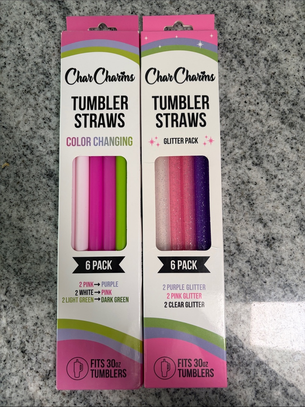 CharCharms Glitter and Color Changing Tumbler Straws - 2 Pack